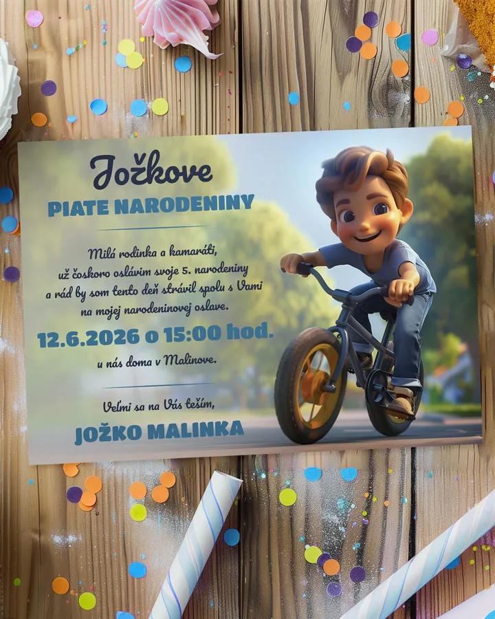 Detská pozvánka na oslavu - Malý cyklista chlapec