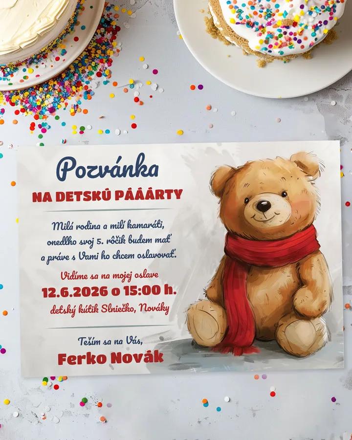 Detská pozvánka na oslavu - Macko so šálom