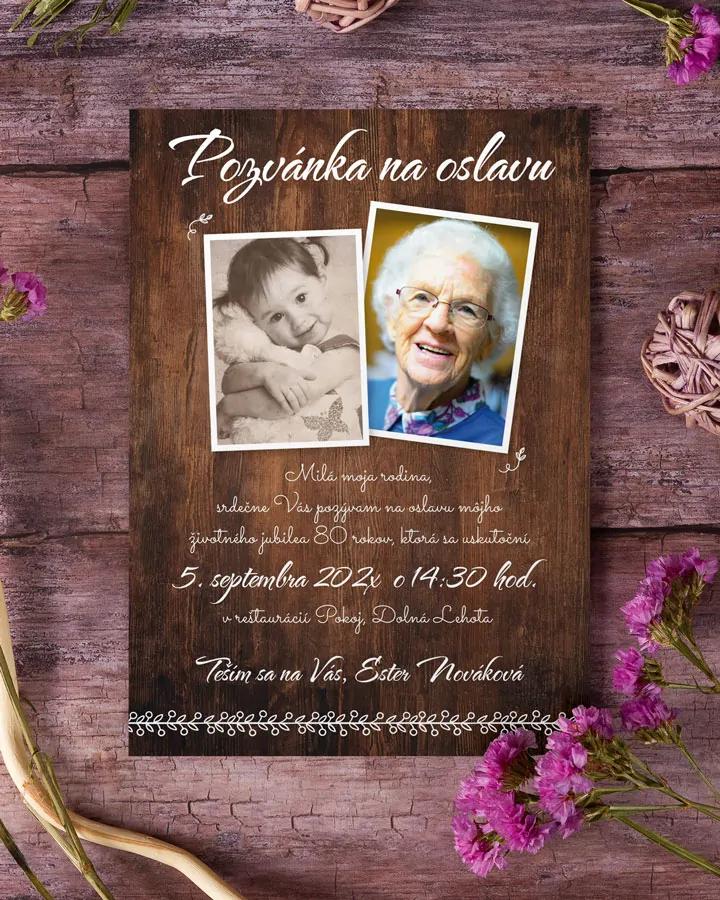 Pozvánka na narodeniny s fotkou Tmavé drevo 1/2