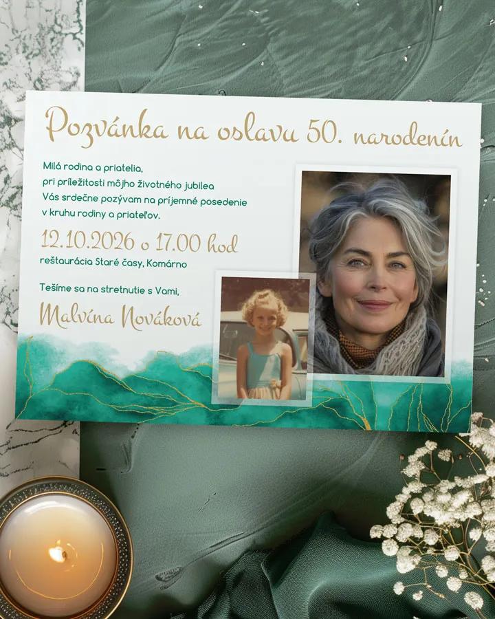 Pozvánka na narodeniny s fotkami Abstrakt 03 smaragdová