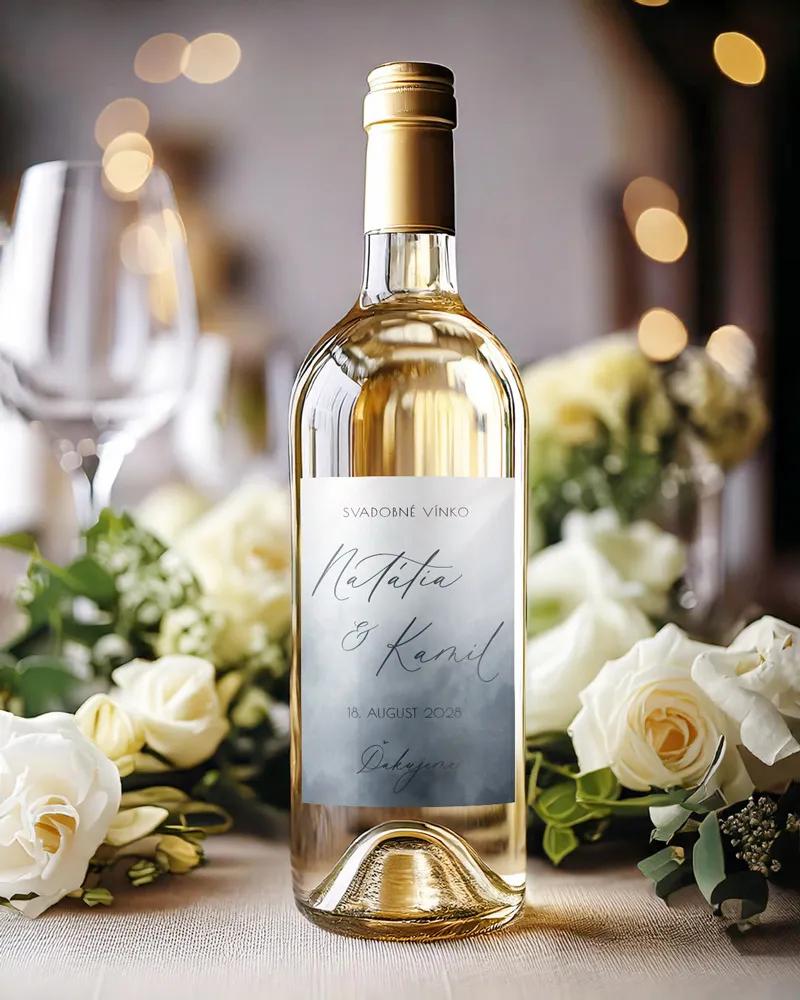 Svadobné etikety na víno / pálenku Akvarelová láska- sivo-modrá 1/2