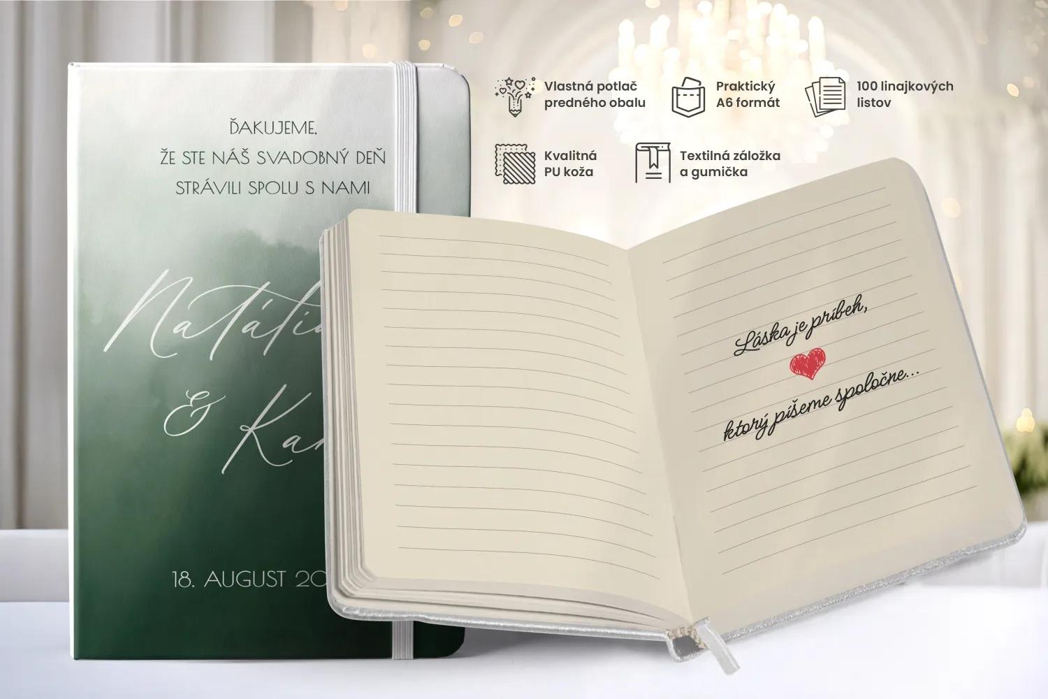 Personalizovaný svadobný zápisník pre hostí - vzor Akvarelová láska-tm.zelená 1/2