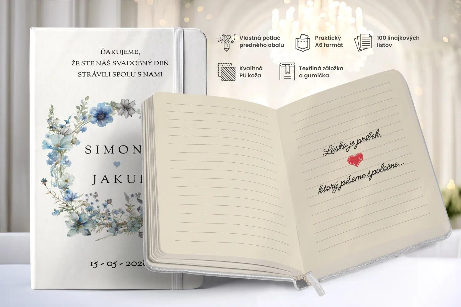 Personalizovaný svadobný zápisník pre hostí - vzor Modrý venček 1/2