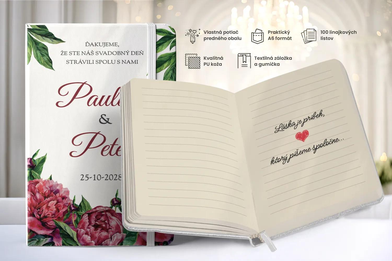 Personalizovaný svadobný zápisník pre hostí - vzor Pivonky 1/2