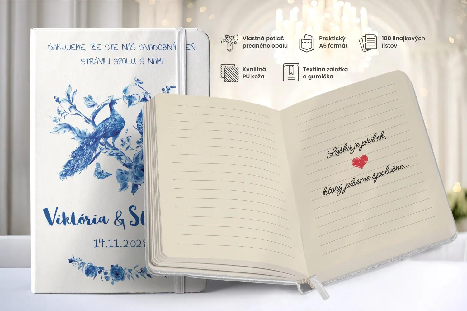 Personalizovaný svadobný zápisník pre hostí - vzor Modré pávy 1/2