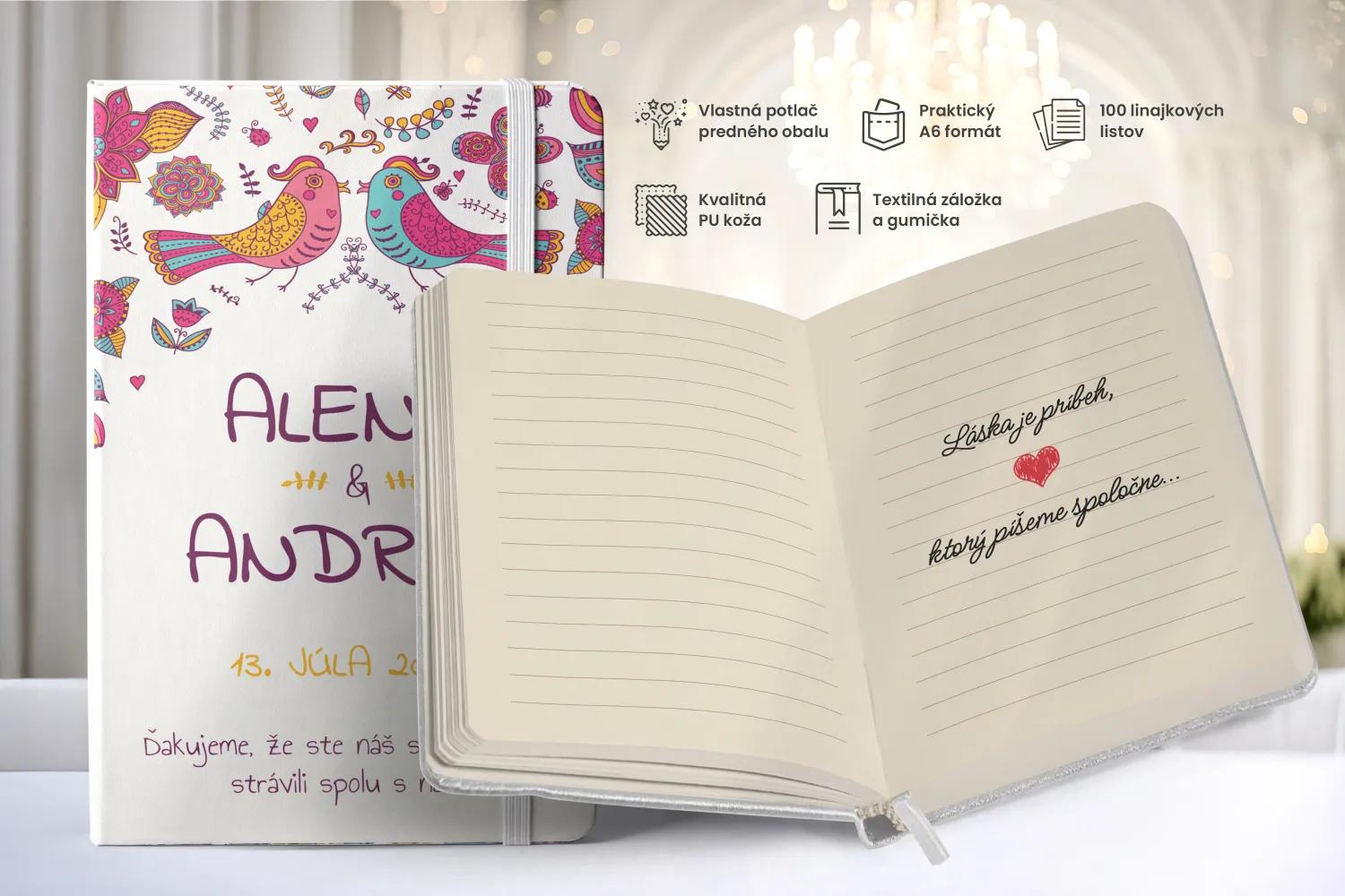 Personalizovaný svadobný zápisník pre hostí - vzor Pestré vtáčiky 1/2