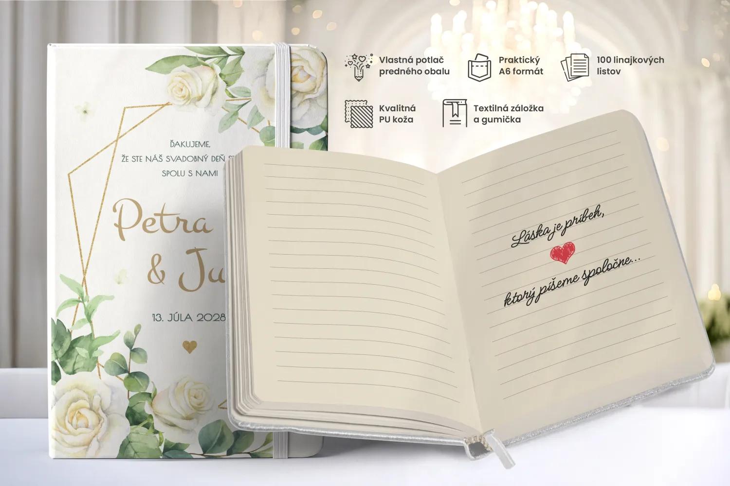 Personalizovaný svadobný zápisník pre hostí - vzor Biele ruže 1/2