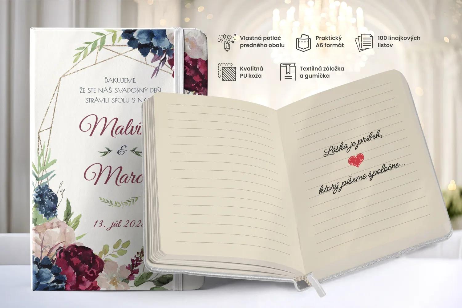 Personalizovaný svadobný zápisník pre hostí - vzor Burgundy ruže 1/2