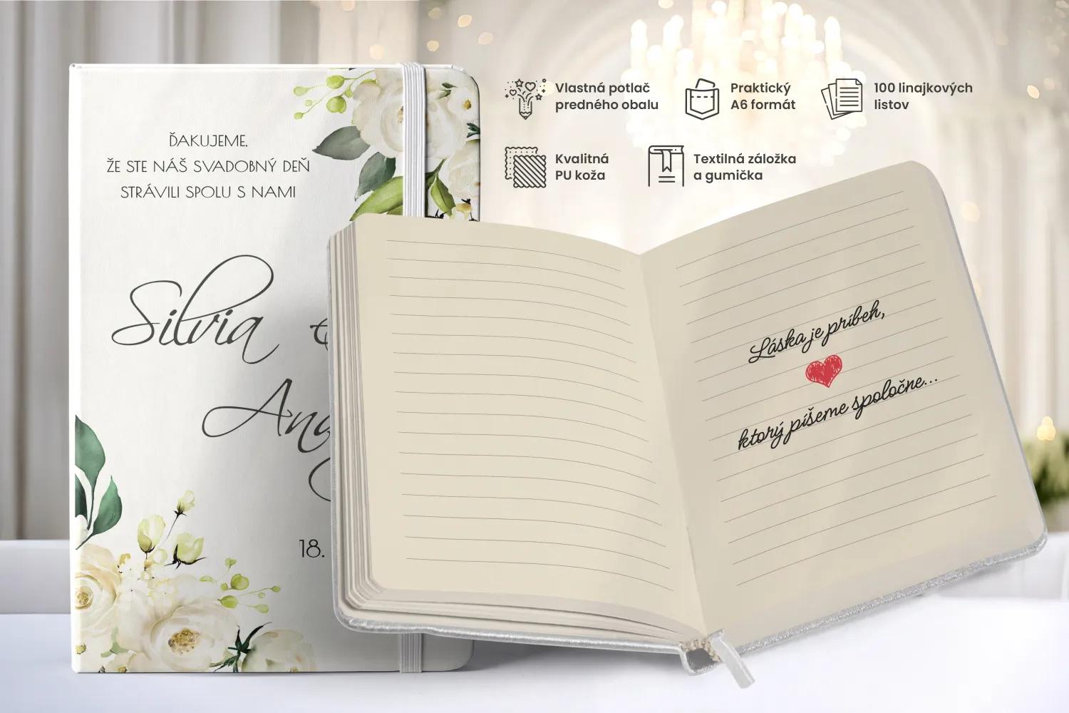 Personalizovaný svadobný zápisník pre hostí - vzor Biele ruže 02 1/2