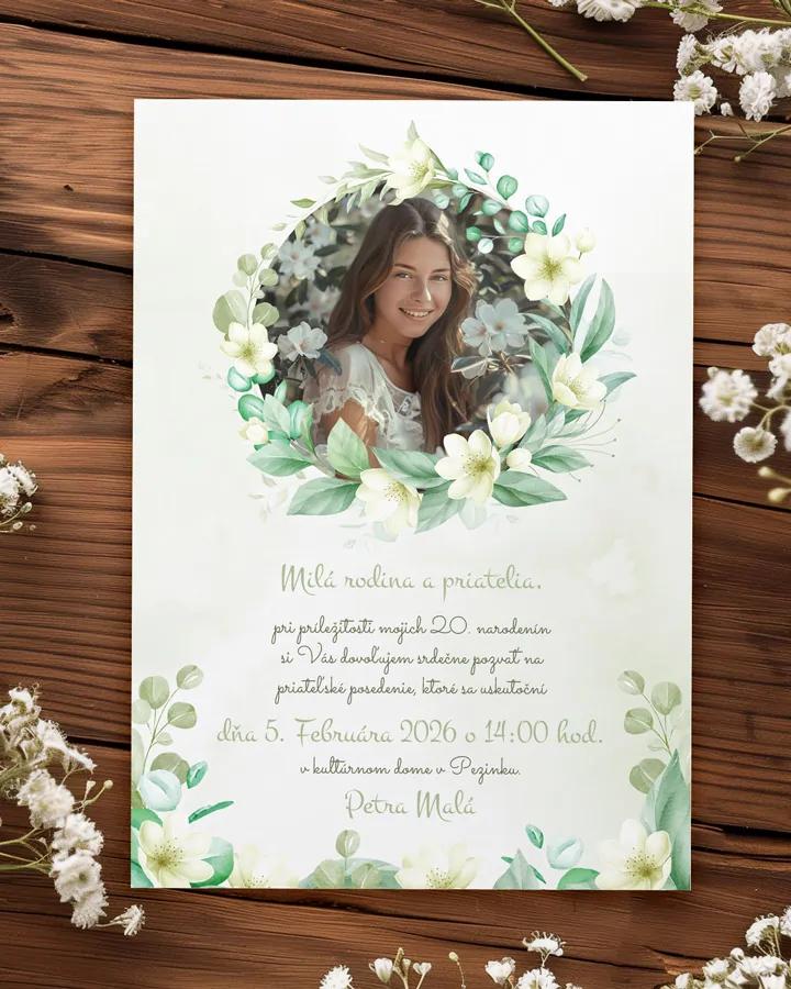 Pozvánka na narodeniny s fotkou Biele kvietky