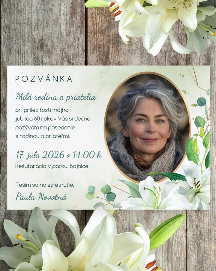 Pozvánka na narodeniny s fotkou Biele ľalie