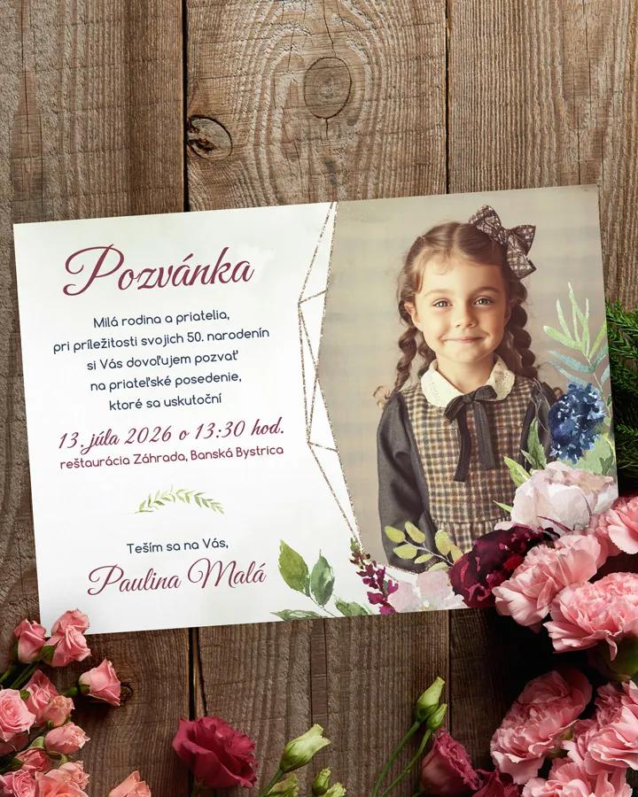 Pozvánka na narodeniny s fotkou Burgundy ruže