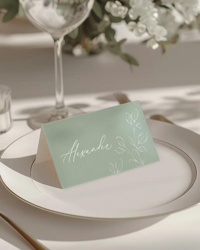 Svadobné menovky - Listy lásky-sage