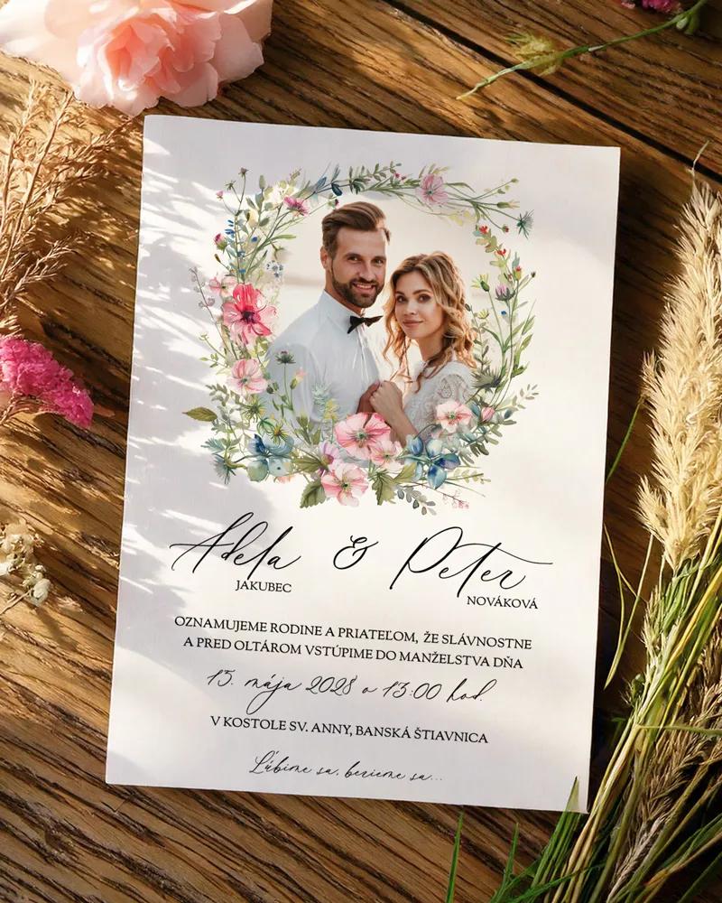 Svadobné oznámenia s fotkou - Ružový venček I