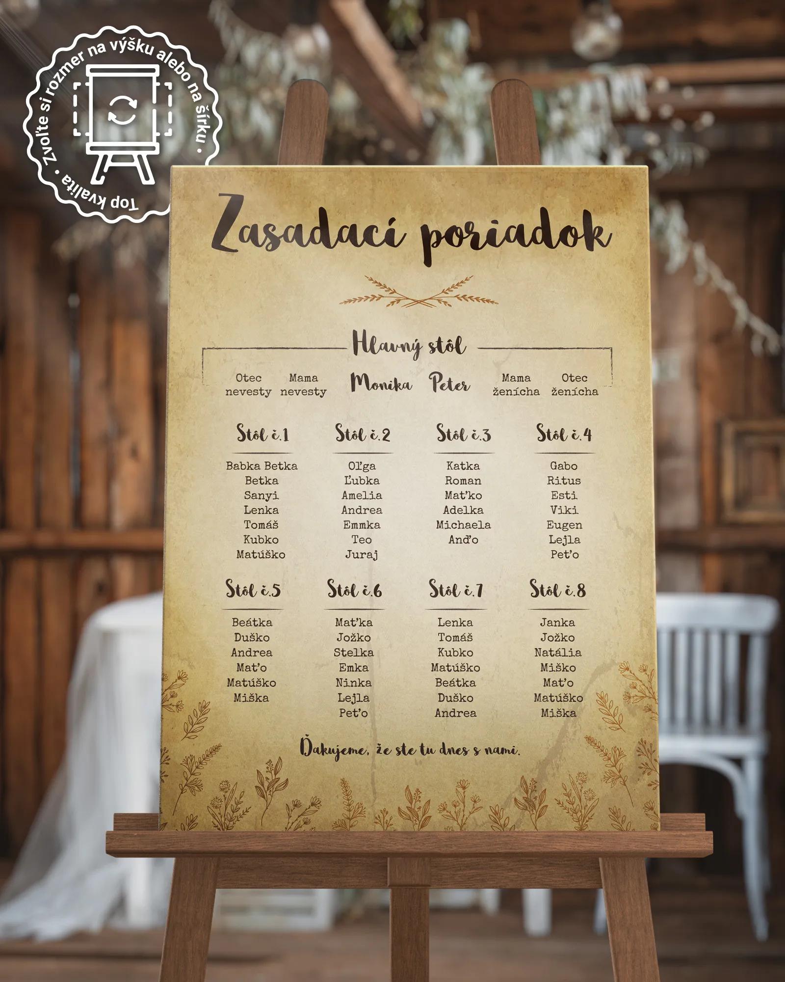 Svadobný zasadací poriadok vzor Vintage poľné kvety